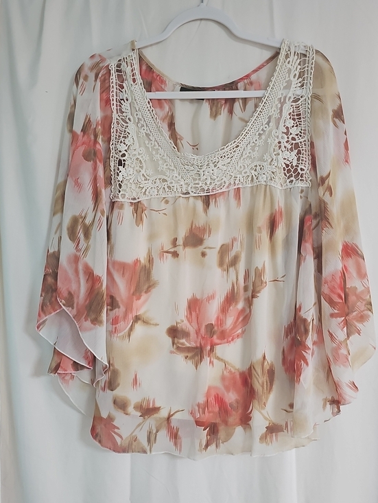Apt. 9 Tops - Apt. 9 Floral Crochet Yoke Chiffon Top - Cream, Pink & Tan